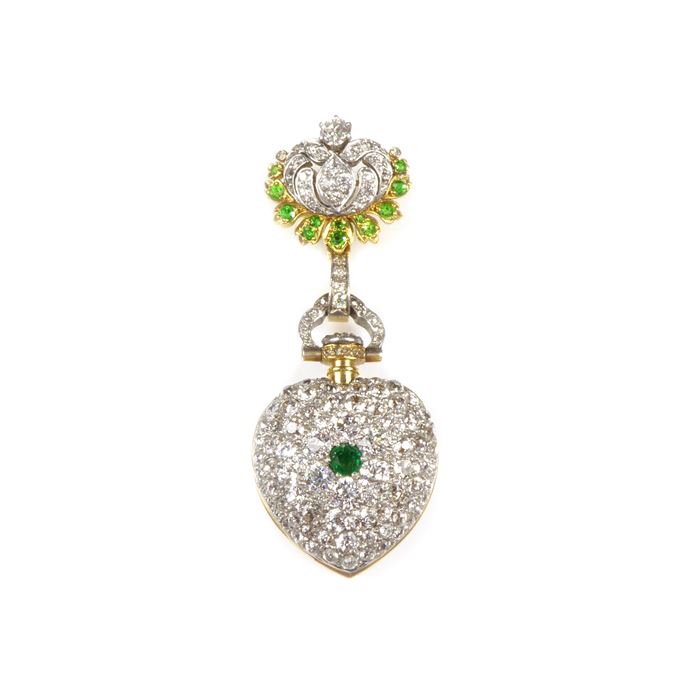   Tiffany - Antique diamond, emerald and demantoid garnet cluster lapel watch | MasterArt